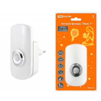 Ночник-фонарь TDM Люкс 1, 1х0,5 Вт + 9LED, 70 лм/Вт, Li-Ion 500 мАч, дат. освещ. и движ., 220 В - omvolt.ru
